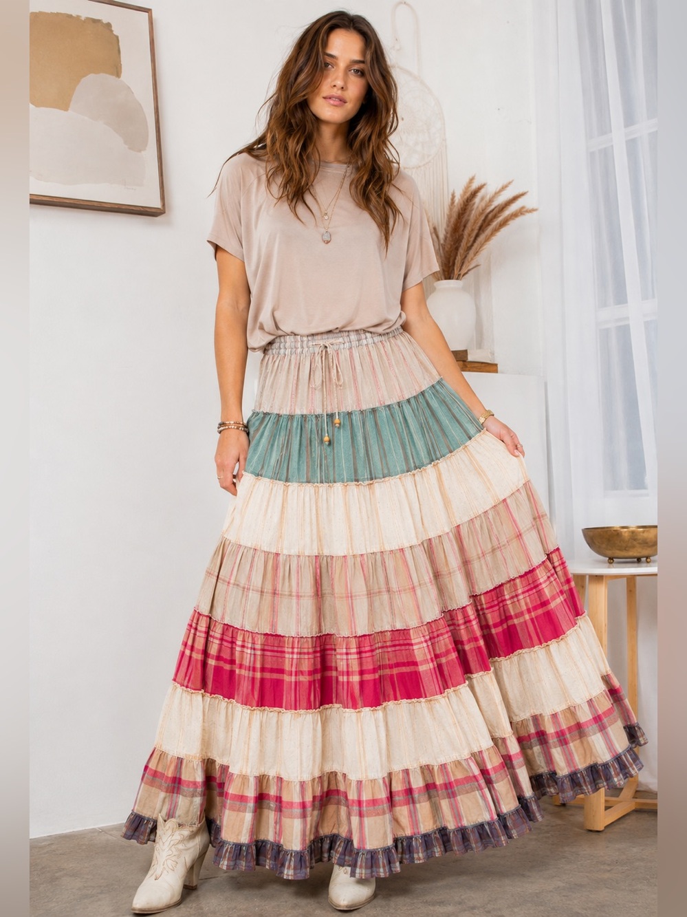 Tiered Plaid Maxi Skirt in Cream, Pink & Green